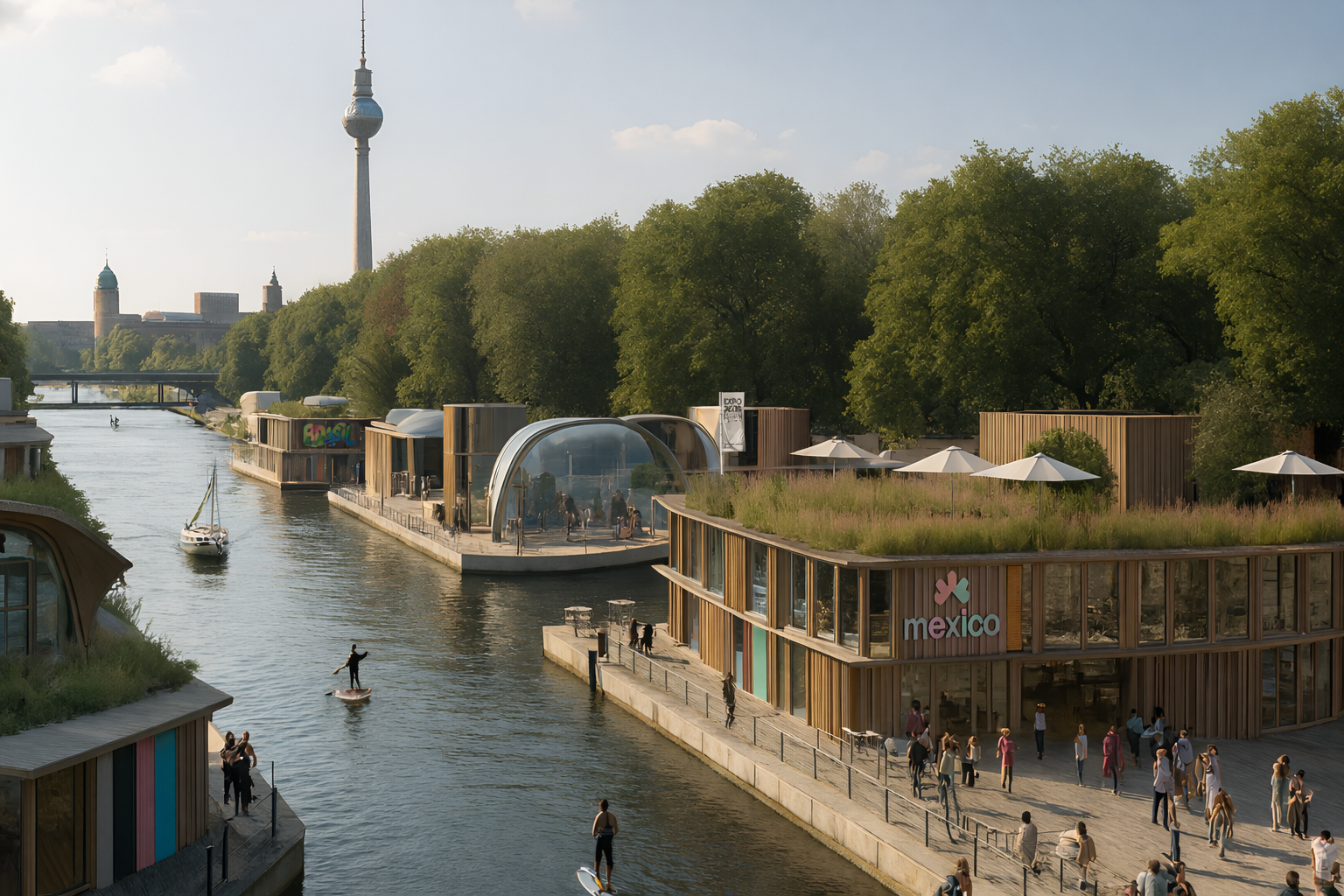 Konzeptvisualisierung dezentraler EXPO-Pavillons an der Berliner Spree
